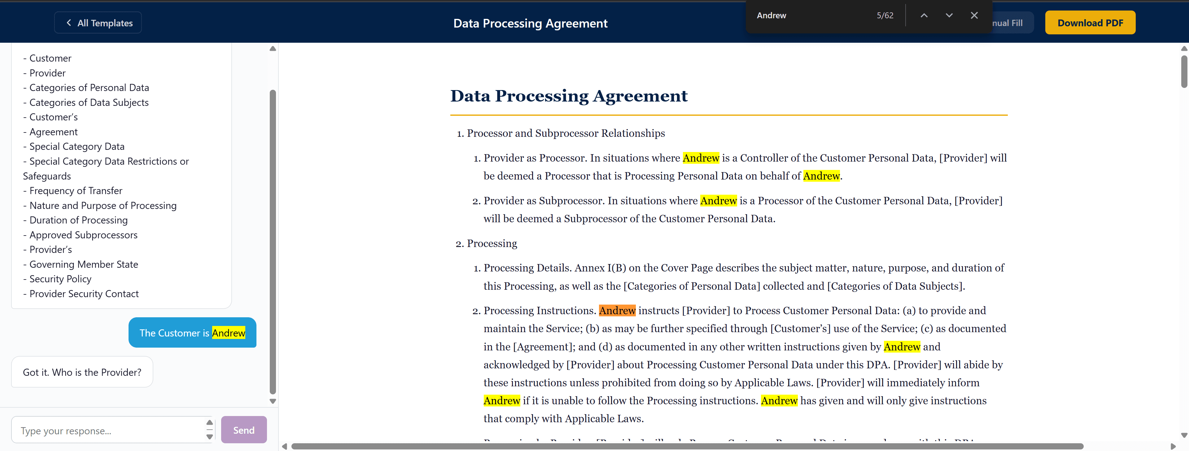 Prelegal AI chat interface filling legal document fields with a live preview.